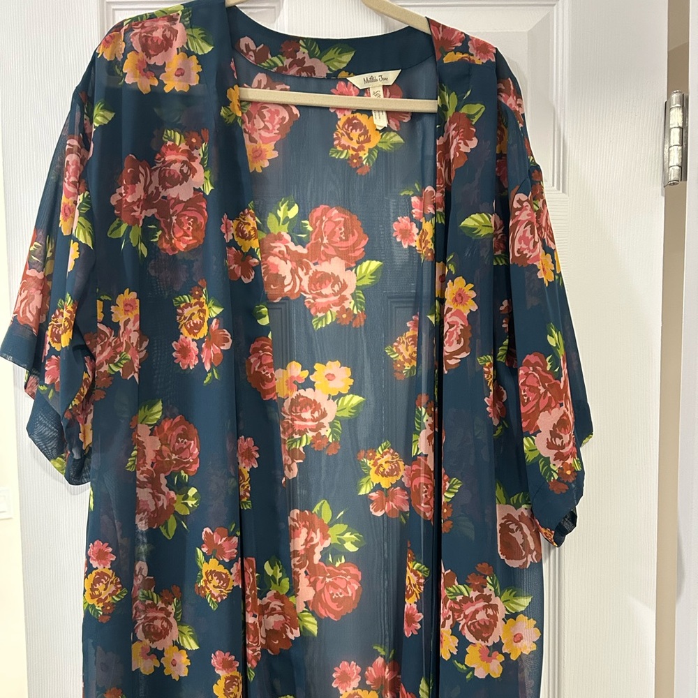 Matilda Jane Navy Floral Sheer Kimono with Pink & Yellow Blooms